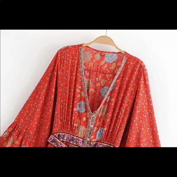 Red Boho Floral Gypsy Print Maxi Dress Kimono - Picture 7 of 12